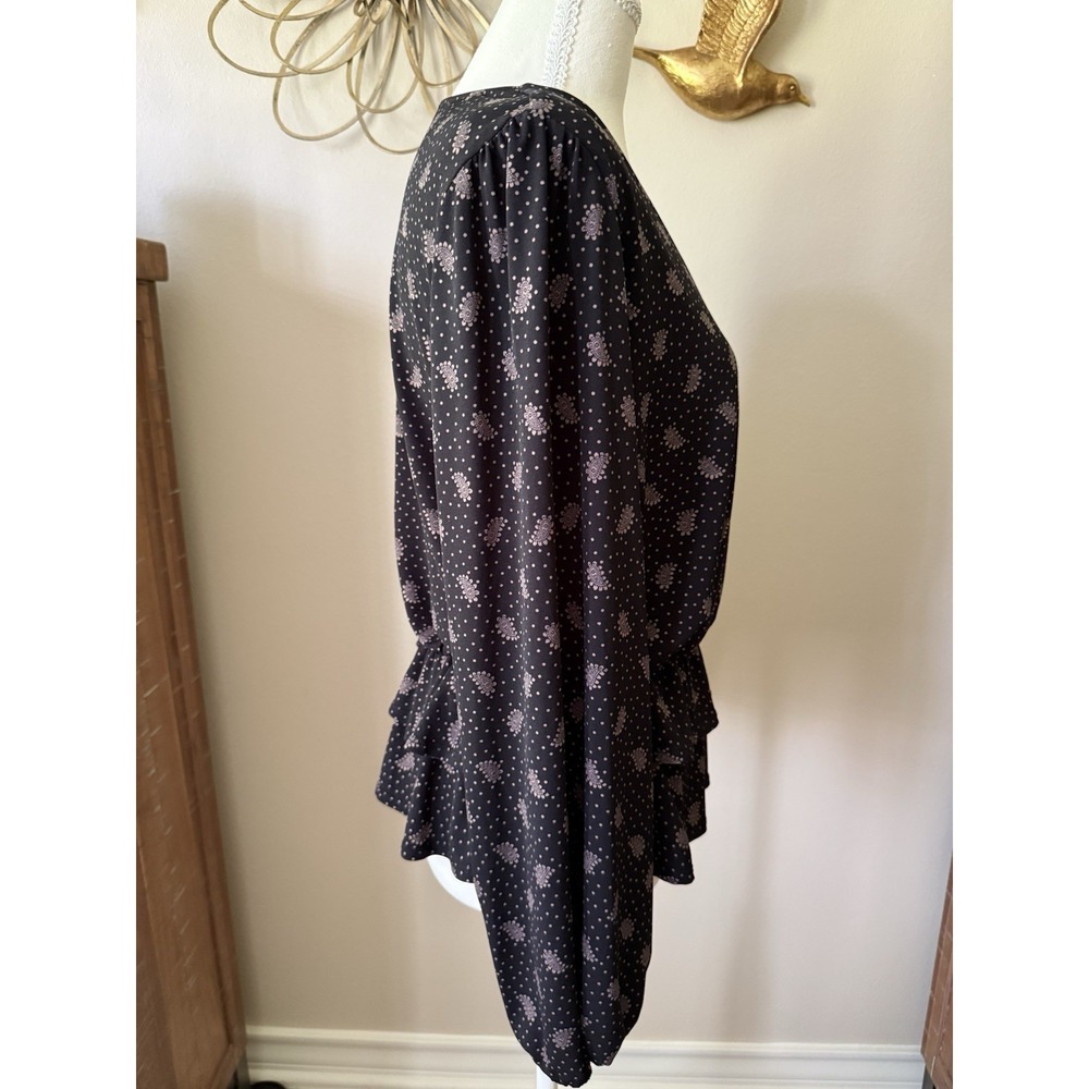 Gilli Peplum Blouse Womens L Black Pink Paisley Polka Dot V Neck Long Sleeve - Picture 6 of 9